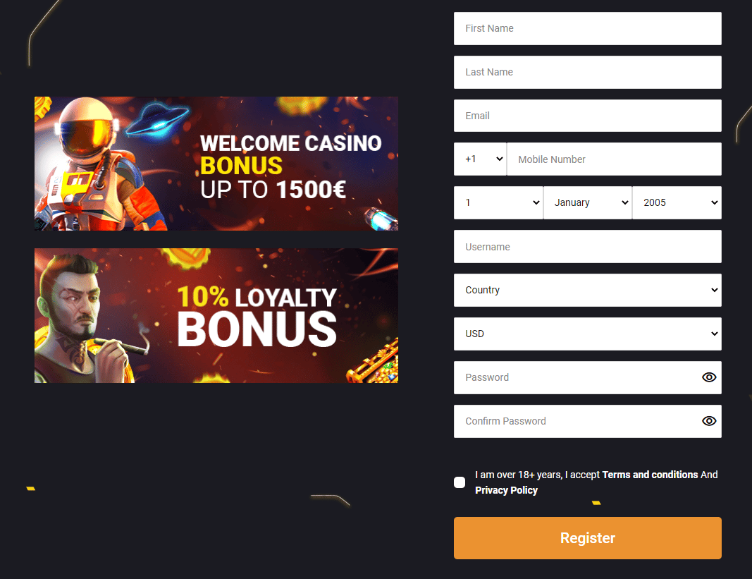 Registration Page on Freshbet Casino, what are the fields you have to fill to sign up on freshbet